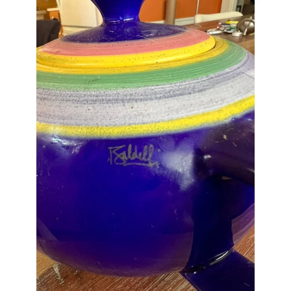 Vintage‎ Made In Italy Baldelli Pottery Teapot Stripe Cobalt Blue And Yellow 90s